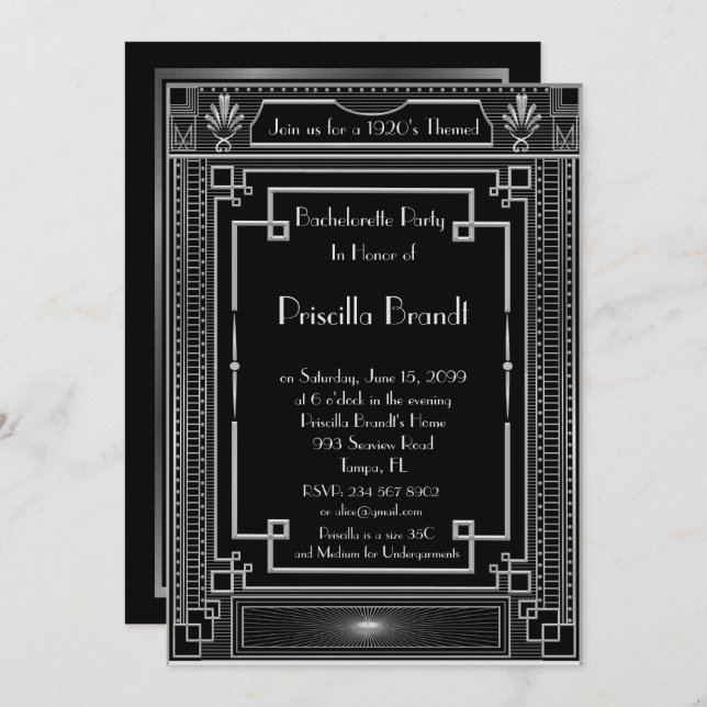 Bachelorette partyinbjudan, underbara Gatsby, Inbjudningar (Fram/baksida)