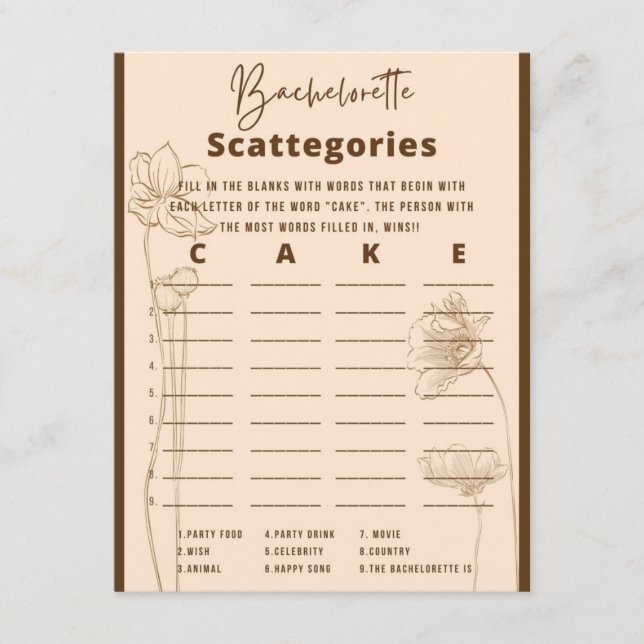 Bachelorette Scattegories Party Game Tilläggskort (Framsida)