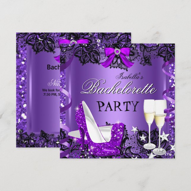 Bachelorette Snöre Lila High Heel Champagne 3 Inbjudningar (Fram/baksida)