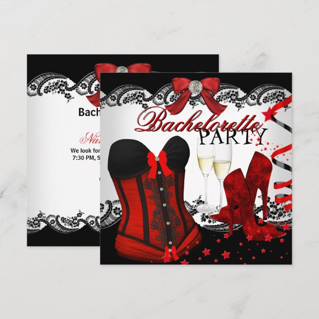 Bachelorette-spets röd korsett Champagne Inbjudningar (Fram/baksida)