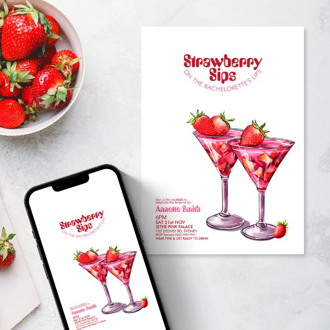 Bachelorette Strawberry Sips Cocktail Rosa Party Inbjudningar (Strawberry cocktail bachelorette party invitation pink red watercolor modern  retro bride hen night)
