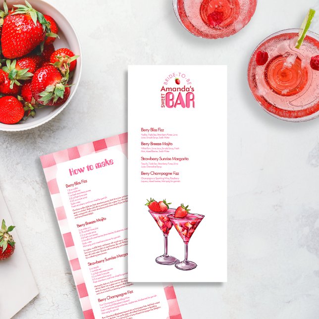 Bachelorette Strawberry Sweet Pub Cocktail Menu (Pink red Strawberry Cocktail Drinks Menu for Bachelorette Hen party fruit retro Bride-to-be events )