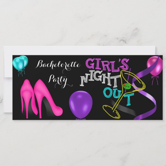 Bachelorette Teal Rosa Klackar Svarta Lila Party Inbjudningar (Framsida)
