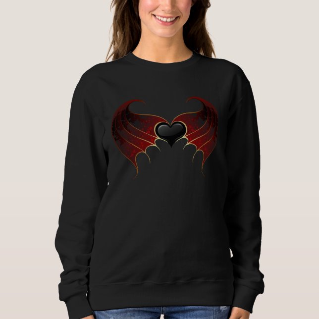 Back Black Heart Red Demon Wings Goth Gothic T Shirt (Framsida)