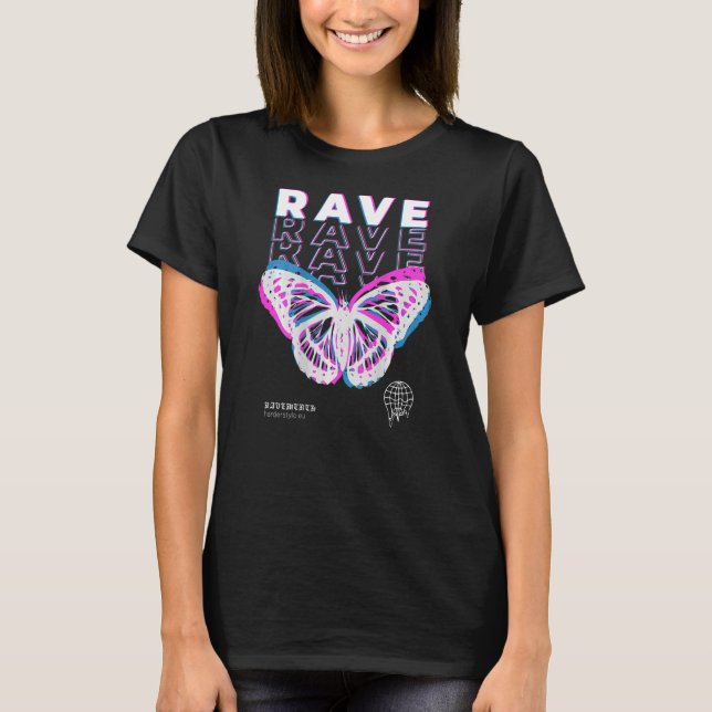 Back Print Rave Butterfly Techno Hardtechno Raving T Shirt (Framsida)