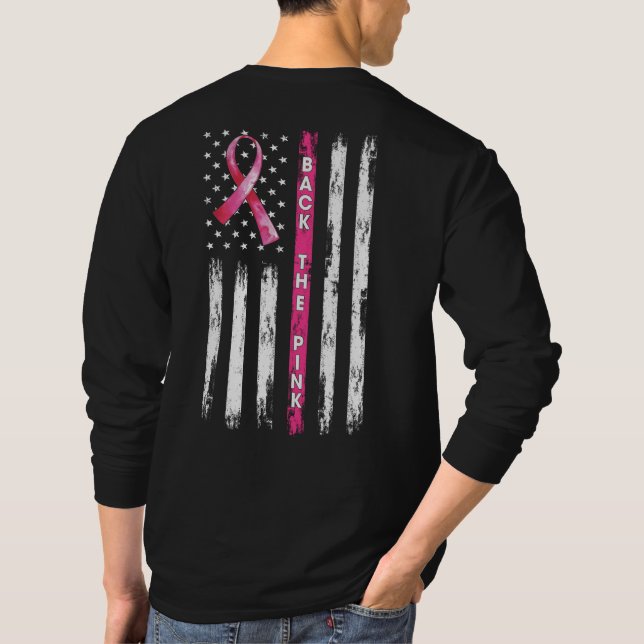 Back The Pink Ribbon American Flag Breast Cancer T T Shirt (Baksida)