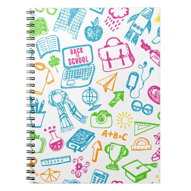 back to school bärbar dator anteckningsbok (Dynamic overhead shot: A colorful notebook filled with back-to-school doodles.)