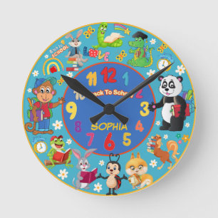 BACK TO SCHOOL CUTE ANIMALS ANPASSADE NAMN RUND KLOCKA
