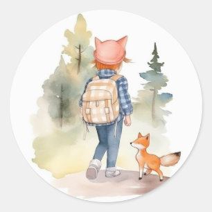 Back to school-dekal Flicka med ryggsäck Runt Klistermärke