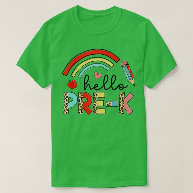 Back to school första dagen Hej PreK Leopard Rainb T Shirt (Design framsida)