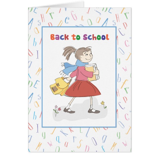 Back to school Girl with Bokar and Backpack Hälsningskort (Framsidan)
