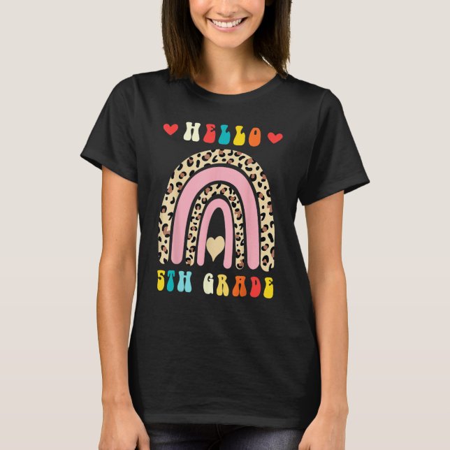 Back To School Hello Fifth 5th Grade Rainbow Leopa T Shirt (Framsida)