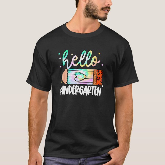 Back To School Hello Kindergarten Leopard Tie Dye  T Shirt (Framsida)