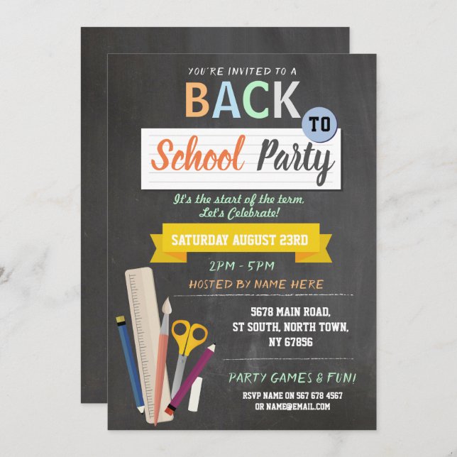 Back to school Party Lärare Chalkboard Roligt Inbj Inbjudningar (Fram/baksida)