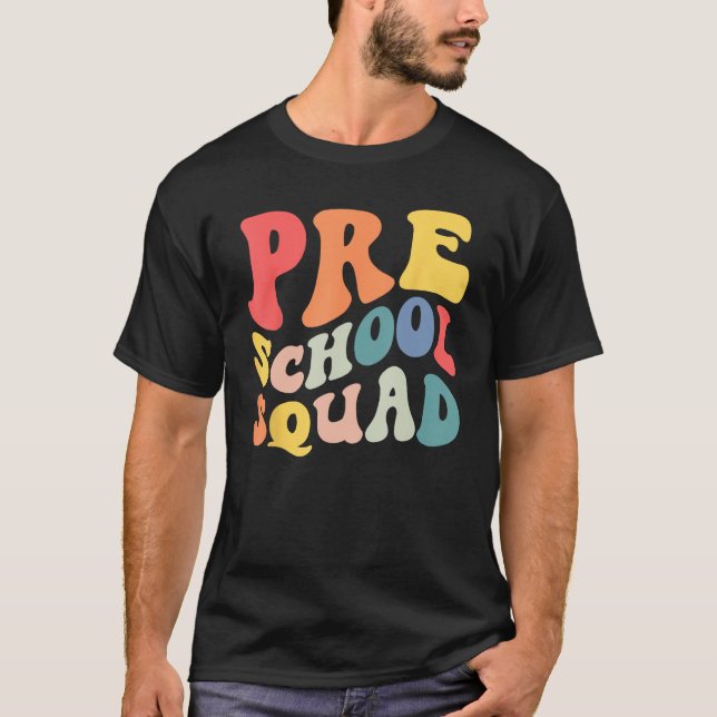 Back to School Preschool Squad Groovy Teacher Kids T Shirt (Framsida)