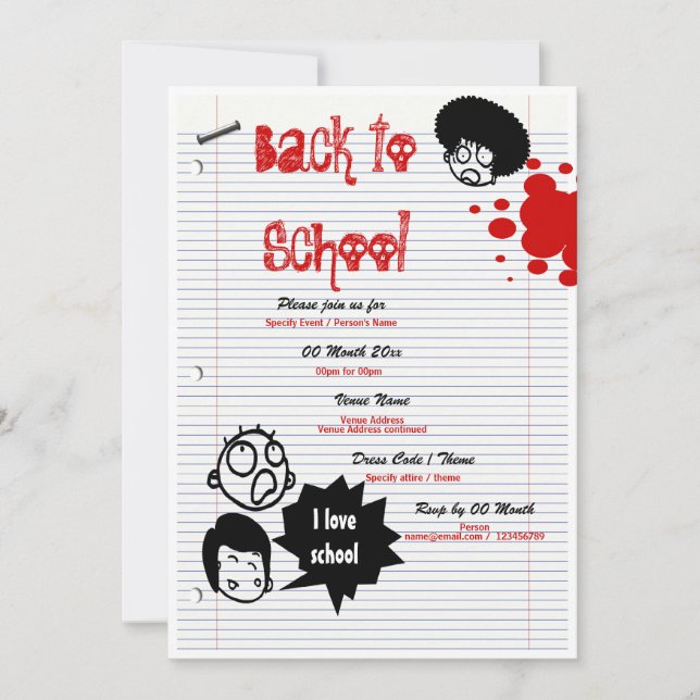 "back to school" "Skolåterförening" roligten party Inbjudningar (Framsida)