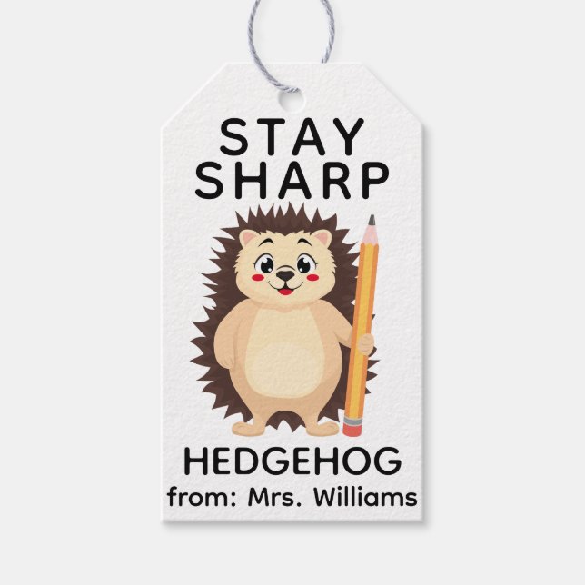 Back to School Stay sharp hedgehog Cute Funny Pun Presentetikett (Framsidan)