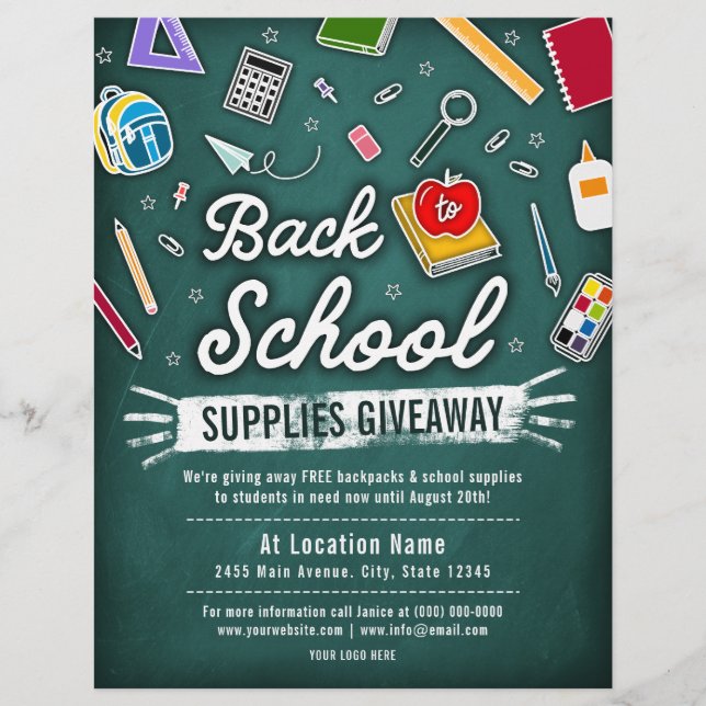 Back to school Supply Giveaway Grönt Chalkboard Reklamblad (Framsidan)