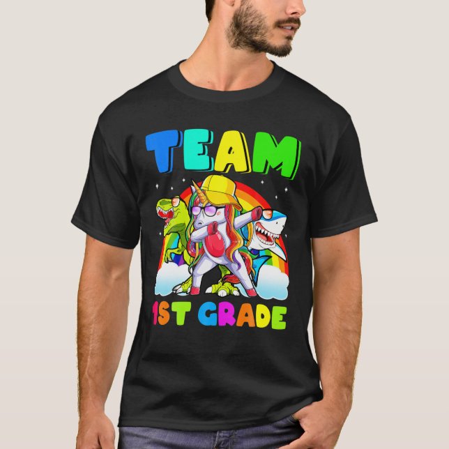 Back To School Unicorn Dinosaur Shark Team 1St Gra T Shirt (Framsida)