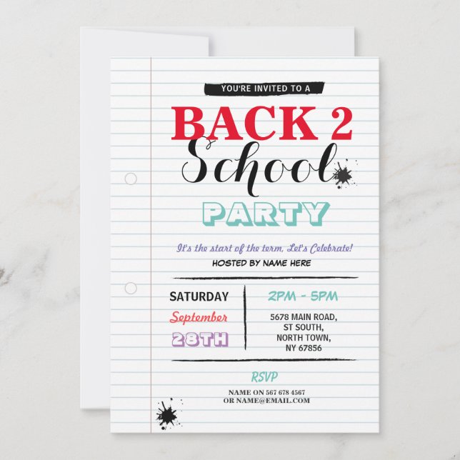 Back to schoolpartyet noterar papper rolig inbjudningar (Framsida)