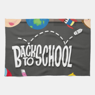 Back to schooltema med pojken och flickor kökshandduk