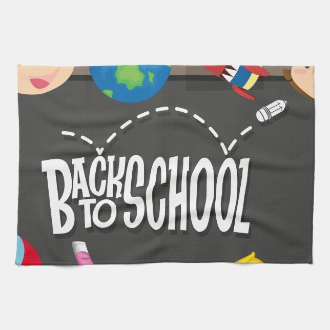 Back to schooltema med pojken och flickor kökshandduk (Horisontell)