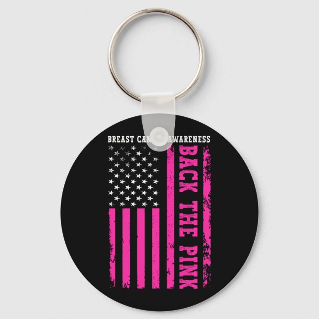 Backa det rosa amerikanska flagg bröstcancer nyckelring (Framsida)