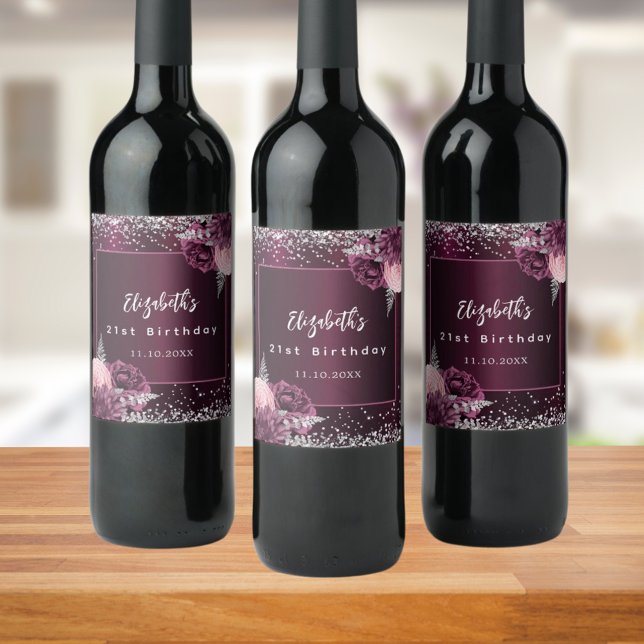 Bäckblommor från rosa silver vinflaska etikett (Skapare uppladdad)