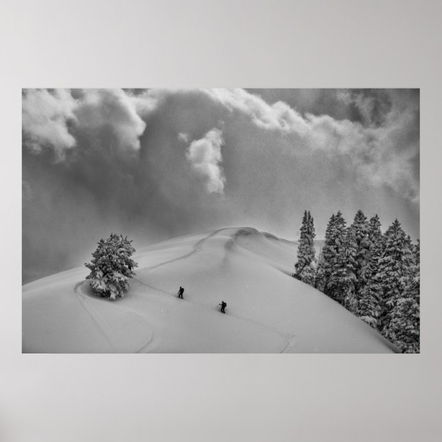 Backcountry skidklättrare i färsk pudersnö poster (Framsidan)