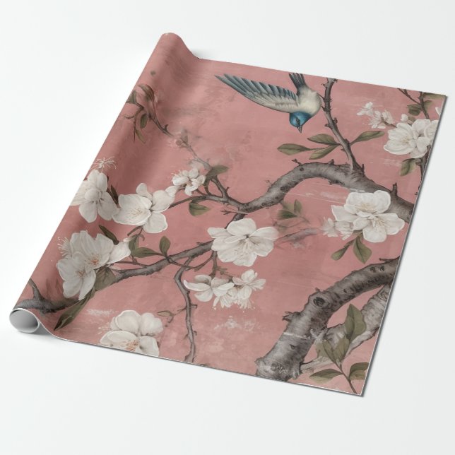 Background Chinoiserie Dusty Rosa Cherry Blommar B Presentpapper (Utrullad)