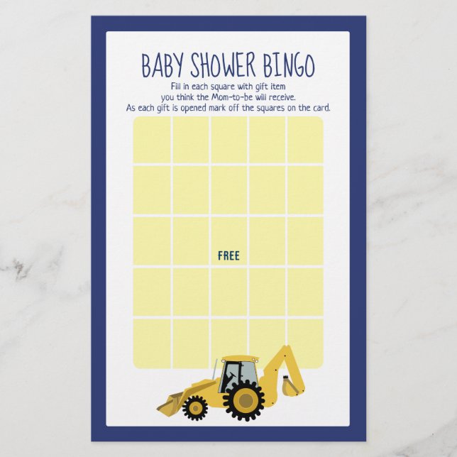 Backhoe Konstruktion Baby Shower Bingo Spel (Framsida)