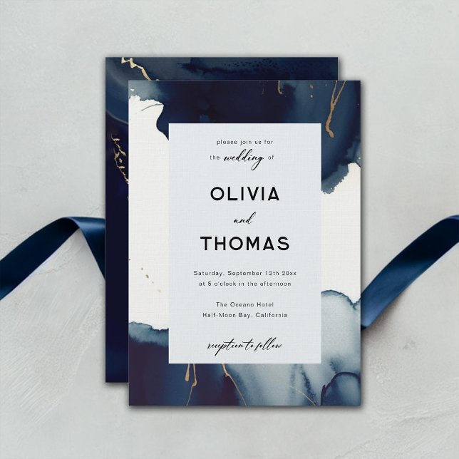 Bäckonsbröllop för den moderna Ram-flottan, blå Gu Inbjudningar (navy blue gold beach wedding invitation winter summer modern romantic elegant bohemian chic)