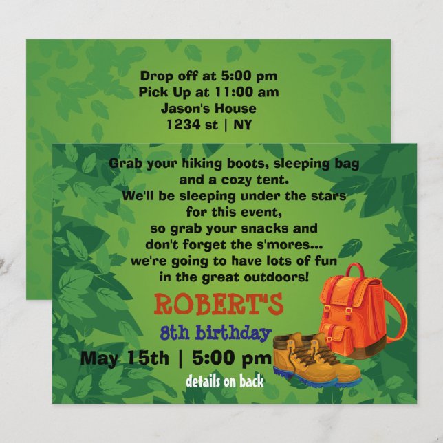 BackPack & Boots Camping Party Birthday-inbjudan Inbjudningar (Fram/baksida)