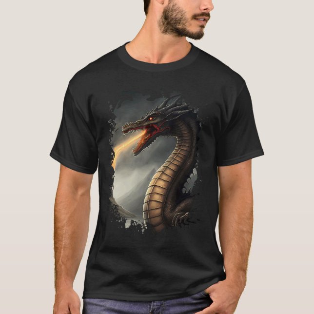 Backprint Loch Ness Monster, Fire Breathing Dra T Shirt (Framsida)