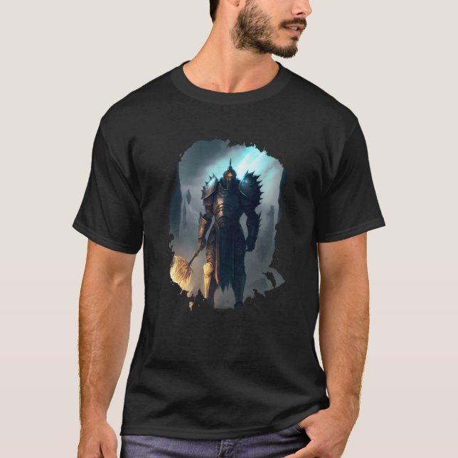 Backprint Mighty knight in armor with fire sword T Shirt (Framsida)