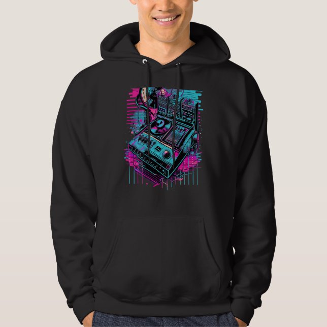 Backprint Retrowave DJ Techno Futuresynth Synthwav Hoodie (Framsida)