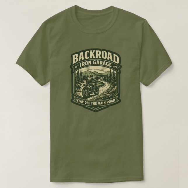 Backroad Iron Garage T-Shirt Scrambler Motorcykel (Design framsida)