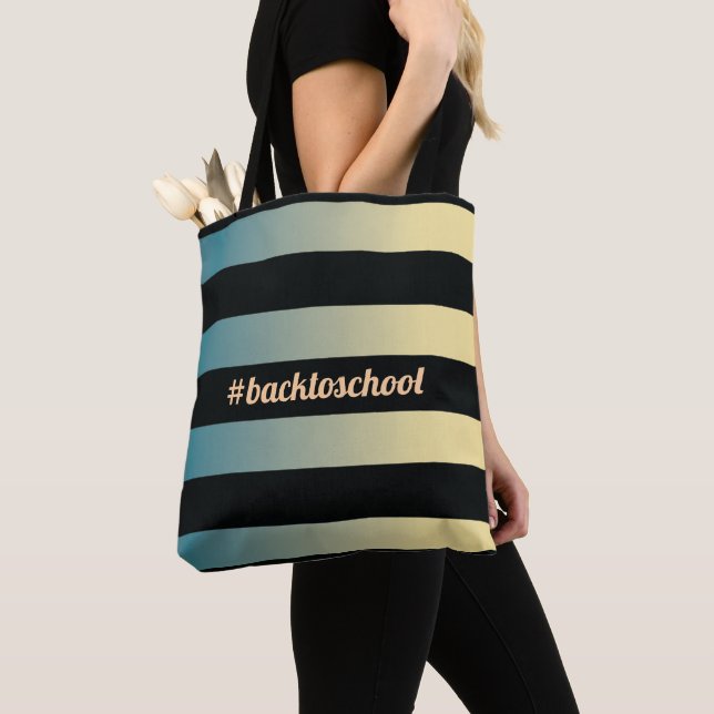 "#backtoschool"blue guld och black striped-lärarin tygkasse (Närbild)