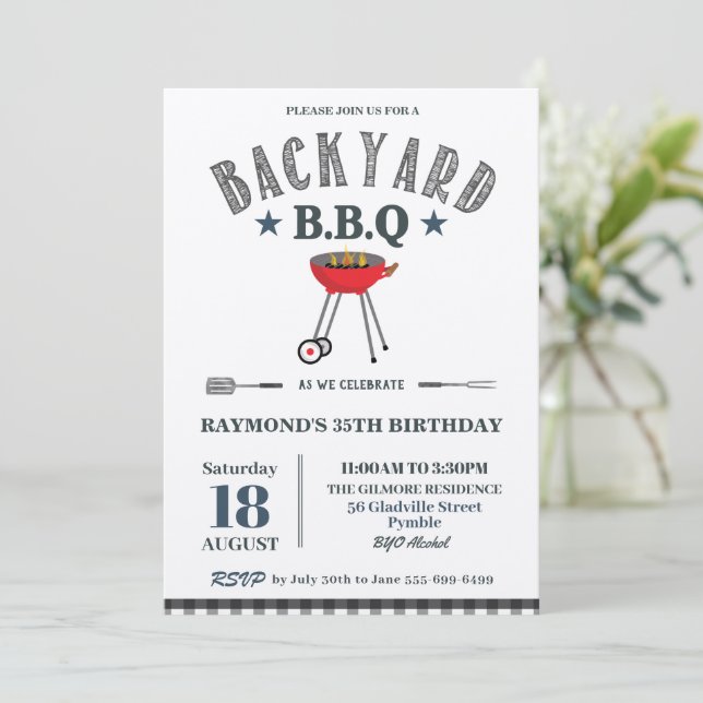 Backyard BBQ Male Birthday Black Gingham Craft Inbjudningar (Stående Fram)