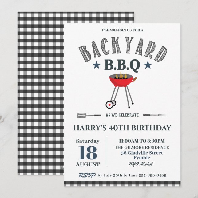 Backyard BBQ Male Birthday Black Gingham  Inbjudningar (Fram/baksida)