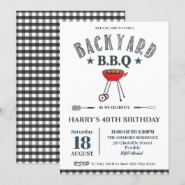 Backyard BBQ Male Birthday Black Gingham  Inbjudningar