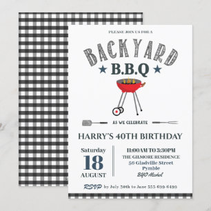 Backyard BBQ Male Birthday Black Gingham  Inbjudningar