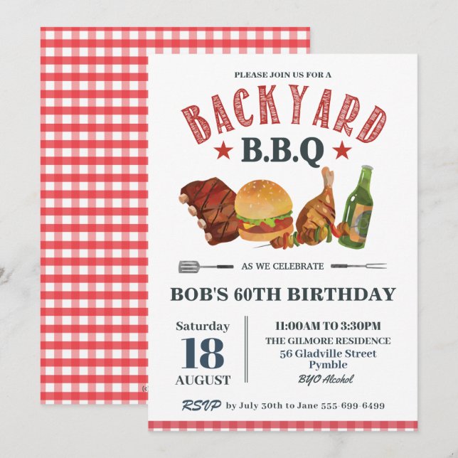 Backyard BBQ Male Birthday Red Gingham Beer Inbjudningar (Fram/baksida)