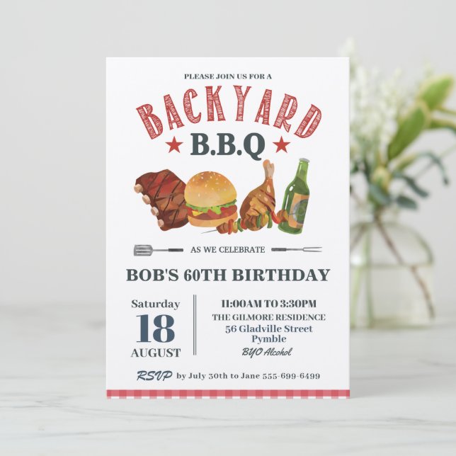 Backyard BBQ Male Birthday Red Gingham Craft Invit Inbjudningar (Stående Fram)