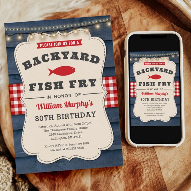 Backyard Fish Fry 80:e födelsedagsinbjudan Inbjudningar (Backyard Fish Fry 80th Birthday Invitation)