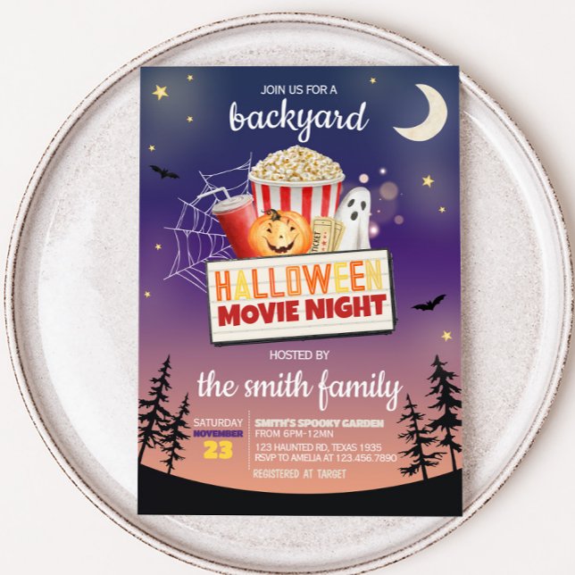 Backyard Halloween Movie Night Party Inbjudningar (Outdoor Backyard Halloween Movie Night Party Invitation)