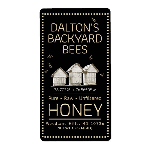 Backyard Hive Honung Burk Label Little Bees on Bla Fraktsedel (Framsidan)