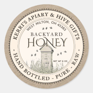 Backyard Hives Honung Label Hand Botten Raw Runt Klistermärke