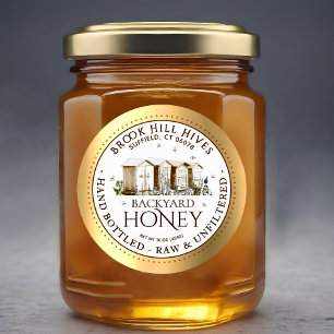 Backyard Hives Honung Label Hand Botten Raw Runt Klistermärke