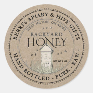 Backyard Hives Honung Label Hand Botten Raw Runt Klistermärke
